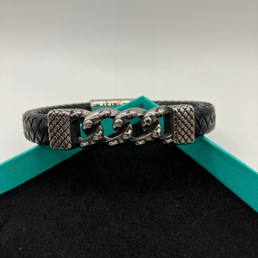 Men's Chain Stainless Steel Link Genuine Leather Bracelet NEW Size 9 inches